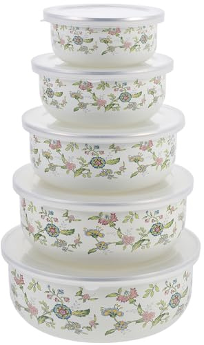 Alipis Enamel Bowl Set of 5 with Transparent Lids Fresh Keeping Bowls for Soup Salad Noodles Pasta and Rice Stackable Food Storage Bowls for Home and Restaurant Use
