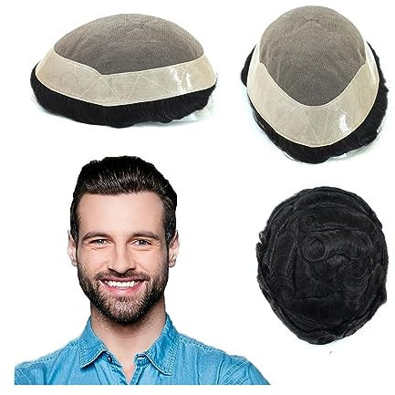 Toupet für Männer Haarersatz Systeme Langlebige, feine Mono-Haarteile, männliche Haarprothese, 15,2 cm, Remy-Echthaar, Herren-Toupet #1B, schwarzes Haar, Ersatzsysteme, 130% Dichte, natürliche Perück