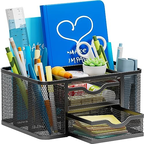 Marbrasse Mesh Desk Organiser,Pennhållare med 2 Lådor,Multifunktionell Pennhållare för Skrivbordet,Skrivbordsorganisatörer och Tillbehör med 5 Fack + Låda för Hemmakontor(svart)