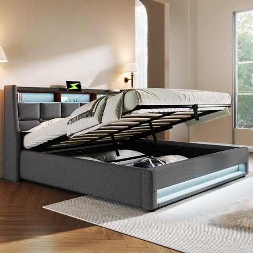 KEYIDE Polsterbett 180x200, LED Doppelbett mit Stauraum und Lattenrost, Kopfteil mit Staufach und USB-Ladefunktion, Hydraulisch Stauraumbett Rückenlehne Bettgestell, Ohne Matratze (Grau, 180x200)