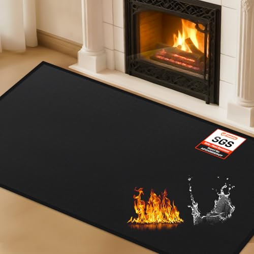 TOHONFOO Tapis de foyer ignifuge pour cheminées, 121,9 x 81,3 cm, tapis de foyer ignifuge pour poêle à bois, cheminée intérieure et extérieure, noir