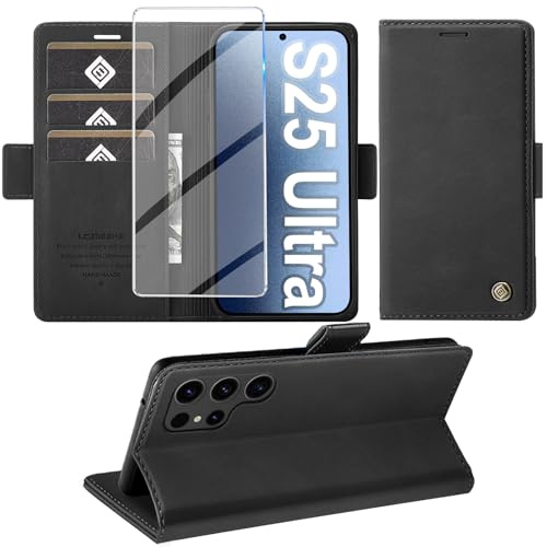 Giyer Handyhülle für Samsung Galaxy S25 Ultra Hülle mit Schutzfolie, Schutzhülle PU Leder Wallet Flip Case Standfunktion Kartenfach Klapphülle für Samsung S25 Ultra Cover Tasche (Schwarz)