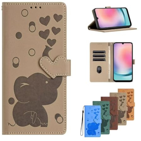 für Samsung Galaxy S24 FE Handyhülle für Samsung Galaxy S24 FE Hülle Case Cover Leder Tasche Elefant Flipcase Schutzhülle Handytasche Skin Ständer Klapphülle Schale Bumper Mädchen Khaki
