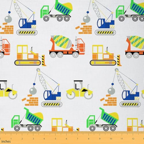 Loussiesd Baufahrzeug Stoff 92x150cm Karikatu Bagger Stoff Meterware Traktor Auto Ausrüstung Handling Fahrzeug Patchwork Stoffe für Jungen Mädchen Kinder für DIY Nähmuster Stoffpaket Gelb Weiß