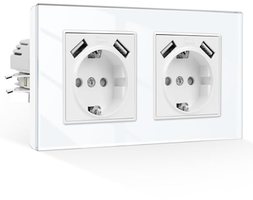 CNBINGO Doppelsteckdose Unterputz,2 Fach Steckdose Glas Doppelsteckdose Weiß Wandsteckdose Steckdosen mit USB