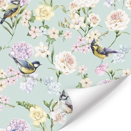 ANHUIB Carta da parati autoadesiva con fiori e uccelli, colore verde, con colibrì e fiori, impermeabile, per soggiorno, camera da letto, bagno, 44 x 300 cm