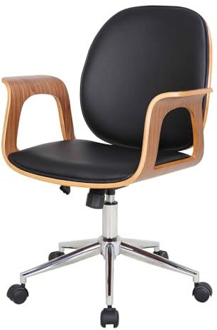 home24 Bürodrehstuhl Holz 61 x 68 x 91 cm | Kunstlederbezug, furnierte Sitzschale, Nussbaum, verchromtes Drehkreuz, Kunststoffrollen, Echtes Furnier, Retro-Stil, Büro