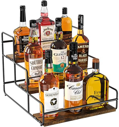 Nuovoware Espositore per bottiglie di liquori, scaffale per liquori a 3 livelli, in acciaio al carbonio, con base in legno e barra di fissaggio, per whisky, sciroppo di vino, per piano di lavoro