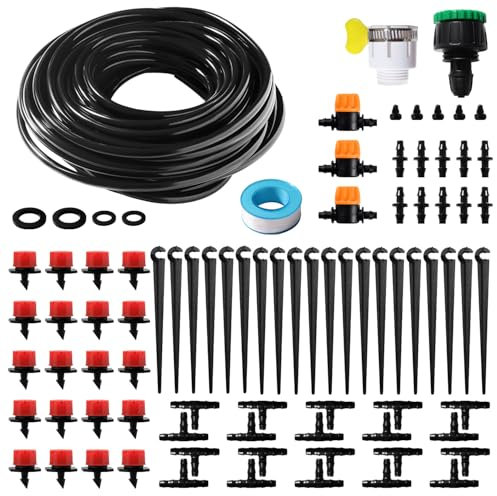 VooGenzek 86 Pezzi 4/7 mm Kit Irrigazione a Goccia, 15m Tubo Irrigazione, Kit fai da te Sistemi di Irrigazione, con Giunti a Barbe Dritte, Connettori a T, Tappi Terminali, per Aiuola