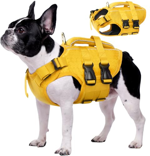 Kuoser Schwimmweste Hund klein, Hunde Schwimmweste mit Griff, Gelb S | Ripstop Hunde Schwimmweste mit hohem Auftrieb, verstellbar für kleine mittelgroße & große Hunde, mit reflektierenden Streifen