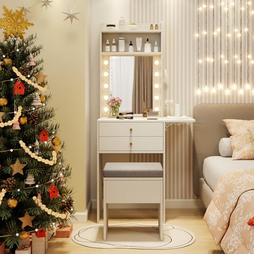 COSTWAY Toeletta da Trucco con Luci LED, Stazione di Ricarica | Tavolo da Trucco con Luci a 3 Colori e Sgabello, Postazione Trucco con 2 Cassetti, 2 Ripiani e Piano d'Appoggio a Ribalta