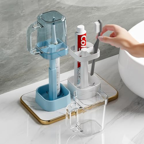 Portaspazzolino da bagno in polipropilene, supporto per dentifricio, con tazza per collutorio in materiale PS (blu)
