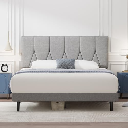 Yocreat Small Double Bed Frame with Headboard, Light Grey, 120×190 | Upholstered, Wooden Slat, Headboard, Underbed Storage, No Box Spring Needed