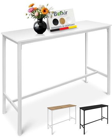 BeFair Bartisch Eiche/Weiß, 120x40x100 cm, Hochtisch mit Fußstütze, Industrial Design, Metallbeine – Komfort und Stabilität