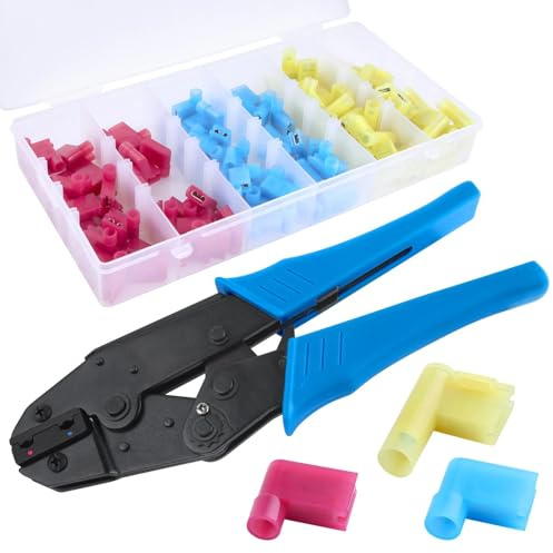 LEONTOOL 110Pcs Right Angle Spade Connector Kit, with Flag Terminal Crimper | For 22-18 16-14 12-10 AWG Gauge, Electrical Nylon Insulated Flag Spade Terminals Female Quick Disconnects Wire Connector