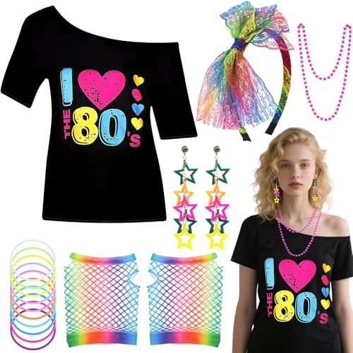 6PCS 80s Costume Accessories Set for Women, 1980s Fancy Dress with T-shirt Headband Lightning Earrings Necklace Bracelet Mesh Sleeve 80s Outfit for Retro Theme Party Cosplay Dress Up (Rainbow, L)