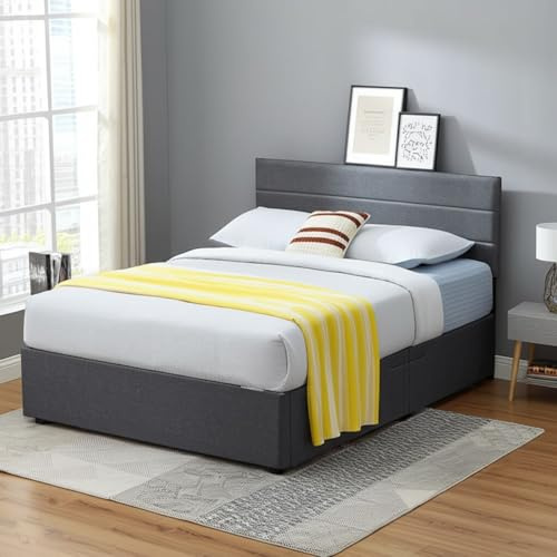 Panana Upholstered Bed Ottoman Storage Bed with Hydraulic Lever, Ottoman Gas Lift Up Grey Linen Fabric Bed Frame, Wooden Slats & Space Saving (Double)