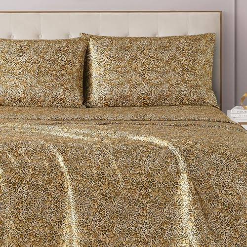 Juicy Couture Sábanas de satén tamaño Queen, Bolsillo Profundo, con 1 sábana Bajera, 1 sábana encimera, 2 Fundas de Almohada, sábanas de satén Resistentes a Las Arrugas y Antibolitas, Leopardo Monica