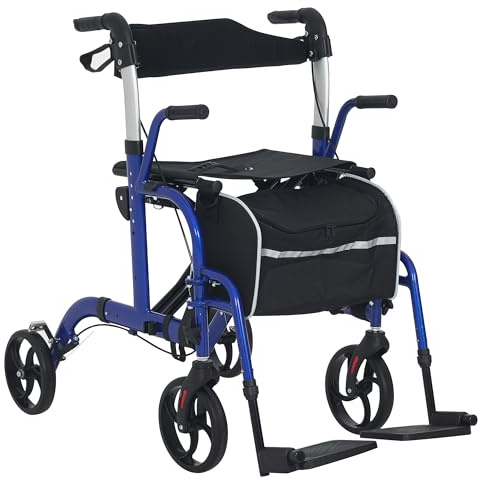 HOMCOM 2 in 1 Wheelchair Transport Chair & Folding Rollator Walker with Seat, Footrest, Backrest, Lightweight Walking Frame with Adjustable Height, Bag, 4 Wheeled Walker for Seniors, Pearl Blue