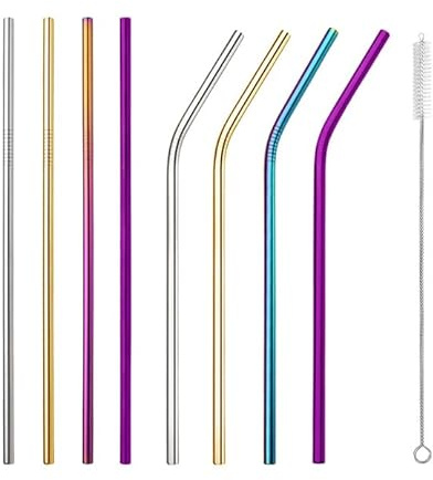 MUTORE Coloured Stainless Steel Straws Reusable,Reusable Drinking Straws,9PCS （4 Straight + 4 Bent + 1 Brushes）