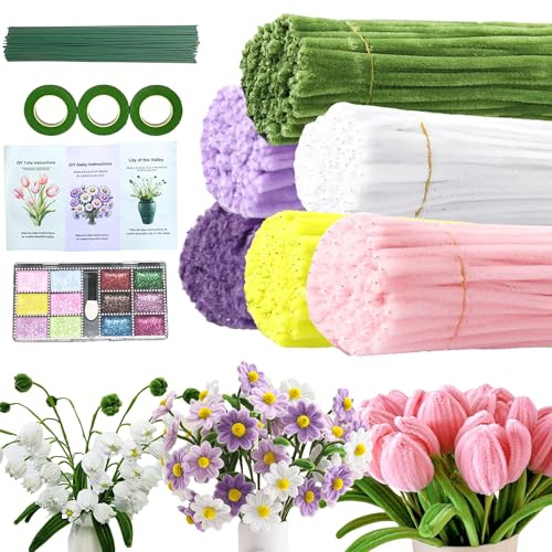 Breecasa DIY Blumen Bastelset 510 Pfeifenreiniger 50 Blumendraht 3 Rollen Blumenkleber Farbpulver für kreative Blumensträuße und Dekorationen für Hochzeiten Geburtstagsfeiern und Festdekoration