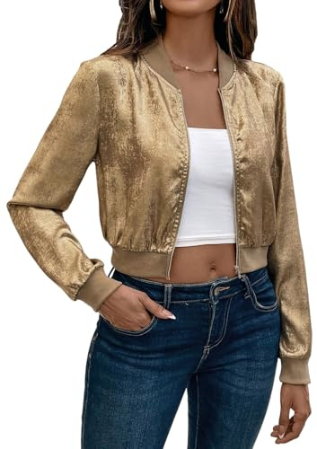 GORGLITTER Damen Jacke Herbst Bomberjacke Kurze Casual Fliegerjacke Leichte Baseball-Kragen Jacken Blouson Übergangsjacke Freizeitjacke Gold L