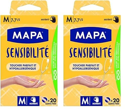 MAPA - Sensibilité - Gants Fins en Vinyle Non Poudrés - Recyclables avec TerraCycle - Hypoallergéniques - 1 boîte de 20 gants - Taille M, Ecru (Lot de 2)