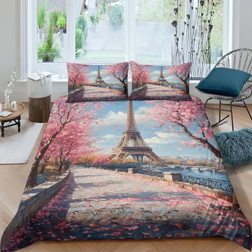 Set di biancheria da letto con stampa 3D della Torre Eiffel, copripiumino con chiusura a cerniera, motivo silhouette di Parigi, in morbida microfibra, per letto king size (220 x 240 cm)