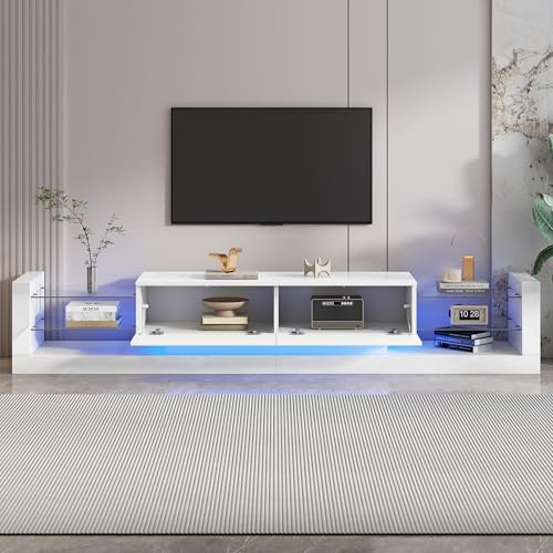 Crlnaup Armario de TV con iluminación LED de alto brillo para televisores de hasta 80 pulgadas, con dos cajones plegables