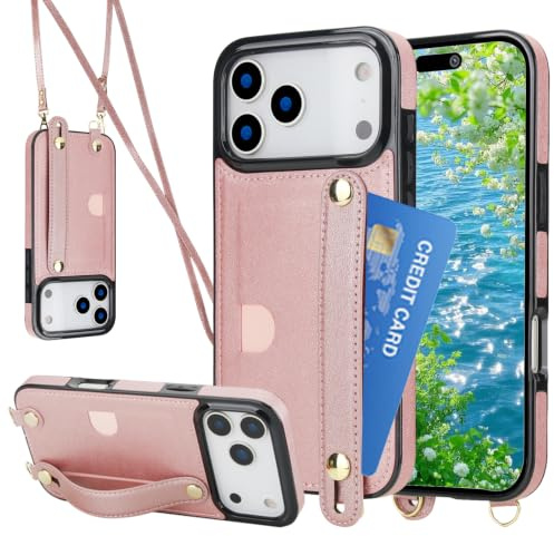 Fofvccv Coque pour iPhone 17 Pro Max avec Cordon - KB Rose | Etui Protection Housse Premium en Cuir PU, Dragonne Réglable Béquille Porte-Cartes de crédit Coque pour iPhone 17 Pro Max
