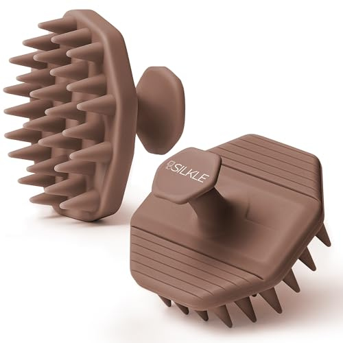 SILKLE Scalp Massager Shampoo Brush – Silicone Scalp Scrubber for Hair Growth & Dandruff Removal, One-Piece, Non-Slip Handle, Soft Bristles, Wet/Dry Shower Scalp Exfoliator for All Hair Types – Brown