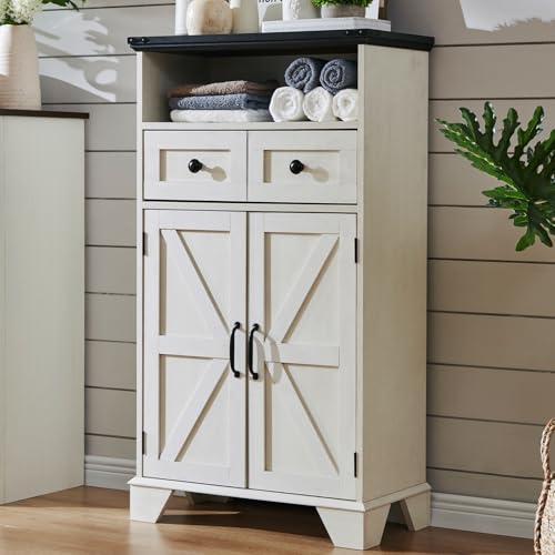 AetherWood Badezimmer-Boden-Schrank, Landhaus-Aufbewahrungsschrank, 24 Zoll breiter Schrank mit Schublade, verstellbarem Regal, Aufbewahrungsschrank für Badezimmer, Küche, Off-White