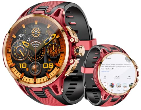 LOKMAT 4G Android Smartwatch, 1,75'' AMOLED-Bildschirm 3GB+32GB Sport-Fitness-Aktivitäts-Tracker Smartwatch für Männer und Frauen, mit SIM-Kartenschacht, drehbarer Kamera, GPS NFC WLAN (Gold)