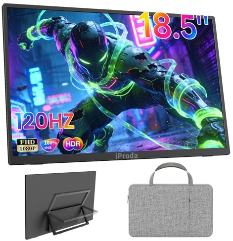 iProda Tragbarer Monitor 18,5 Zoll FHD 1080P 120Hz IPS 100% sRGB Mit Tasche | Portable Gaming Monitor mit Lautsprecher, USB-C/HDMI externer Bildschirm für Laptop, PS5, Switch, Xbox, Arbeit, Gaming