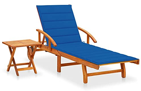 Mandloder Akazien Massivholz Sonnenliege mit Rollen und Ausziehbarem Tisch, Verstellbarer Liegestuhl, Königsblaue Auflage, Gartenliege Strandliege Chaiselongue für Terrasse