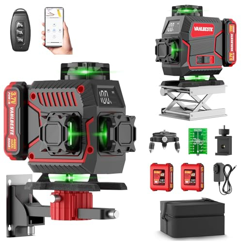 Vahlbeste Nivel Laser, Nivelador Laser 4x360 ° con 2x4800mAh Batería, Nivel Laser Autonivelante 360 Grados con Pantalla LED, 4D 16 Líneas Laser Verde/APP/IP54/Control Remoto para Construcción