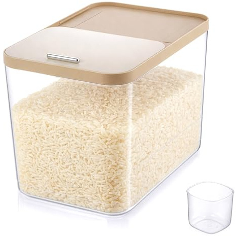 EVERGOODS 20L Airtight Rice Storage Container with Measuring Cup – Large Dry Food, Grain, Flour, and Pet Food Pantry Organizer, Transparent White, Flip-Top Kitchen Storage Container