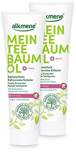 alkmene Mein Teebaumöl Kariesschutz Zahncreme Kräuter 2x 100 ml mit 6fach Schutz - naturreines Teebaumöl, vegan & klimaneutral - Fluorid Zahnpasta für starke Zähne & gesundes Zahnfleisch