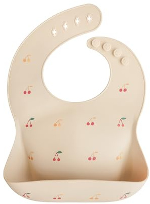 mushie Bavoir Bébé en Silicone | Bavoirs Imperméables Réglables | Bavoirs Faciles à Essuyer | 4 Tailles Réglables Avec Poches Avant Profondes | 100% Sans BPA et Phtalate | Cherries
