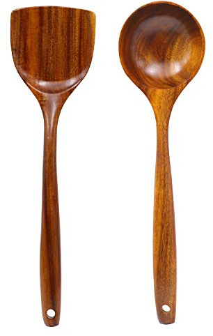 Set di mestolo in legno di teak naturale, set di utensili da cucina in legno, 2 pezzi