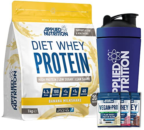 Applied Nutrition Diet Whey 1kg Bundle - Diet Whey High Protein Powder + 5 Sample Bundle + 750ml Steel Protein Shaker | Low Carb & Sugar, Weight Management Shake, 40 Servings (Banana)