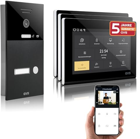 GVS IP Video Türsprechanlage mit Türöffner, 3X 7 Zoll Monitore & App | Smarte Video Türklingel mit Kamera und Monitor & App - Gegensprechanlage für 1 Familienhaus (AVS1286U)