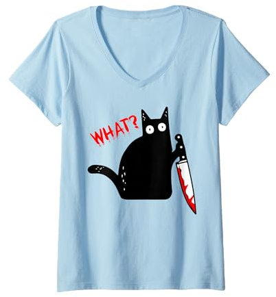 Femme Chat noir meurtrier drôle avec couteau - Chat noir QUOI? T-Shirt avec Col en V