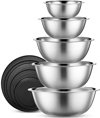 WHYSKO Stainless Steel Mixing Bowl Set, 10 Piece Stainless Steel Mixing Bowls with Lids Set for Food Prep Storage and Serving, Dishwasher Safe for Kitchen Baking Cooking, Silver