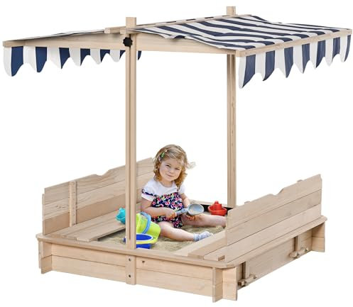 Outsunny Sandkasten Sandkiste aus Holz für Garten Sandkasten mit Dach Felix Kindersandkasten mit Dach abnehmbar Rücklehnen verstellbar Tannenholz 3-7 Jahren 106 x 106 x 115 cm Natur