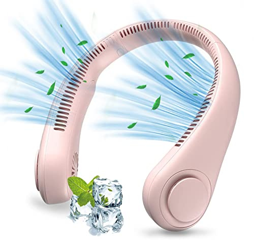 Wisada Ventilateur Nuque Portable,USB Ventilateur de Cou avec Batterie 2400mAh,Ventilateur Mains Libres Sans Pale,3 Vitesses, Ventilateur Silencieux Réglable à 360°pour Bureau, Domicile,Voyage (Rose)
