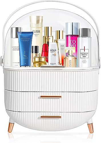 Organisateur de rangement de maquillage, organisateur de soins de la peau avec couvercle anti-poussière, poignée portable, boîte de maquillage étanche pour coiffeuse, comptoir de salle de bain,