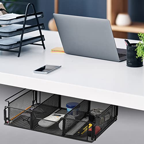 Unter dem Schreibtisch Aufbewahrungsschublade, schwarzes Metallgitter, versteckt unter dem Schreibtisch, multifunktional, unter dem Tisch, hängende Aufbewahrungsbox, Organizer for Büro, Zuhause, Schra