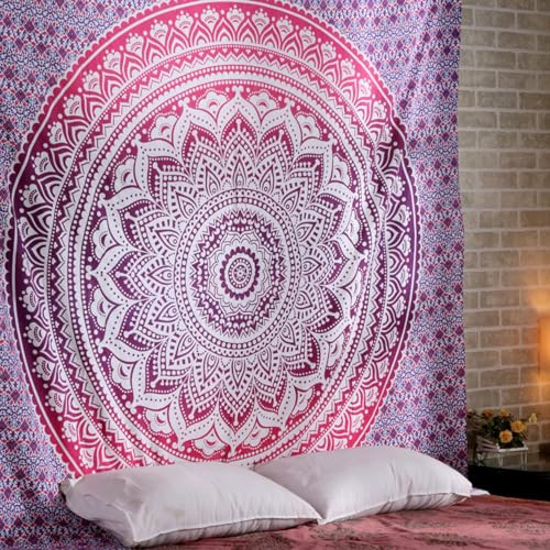 Rosa Hippie-Wandteppich, Mandala, böhmische Kunst, Elefanten-Wanddekoration, Boho-Trippy-Strand-Wandteppich, indische Wohnzimmerdekoration – 137 x 213 cm