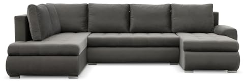 Mebligo - Ecksofa mit Schlaffunktion und Bettkasten Tokio II PRO, 300 cm Breit, Wohnzimmer Eckcouch Ottomane Links, Sofa Velour mit Bettfunktion - Sofa Hellgrau (Kronos 15)